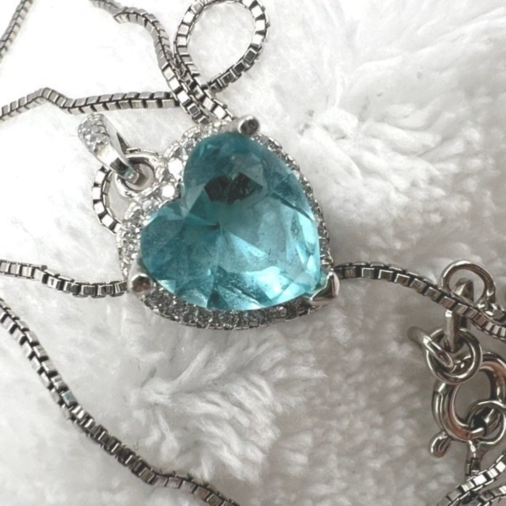 Sterling Silver CZ Necklace‎ Blue Heart Halo Cubic Zirconia - Picture 8 of 14